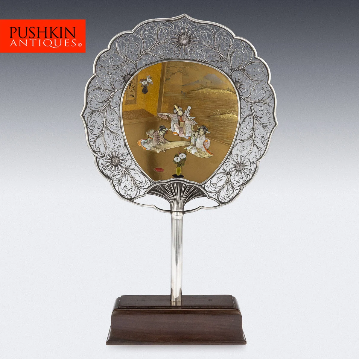 ANTIQUE 19thC JAPANESE SOLID SILVER MOUNTED SHIBAYAMA FAN ON STAND